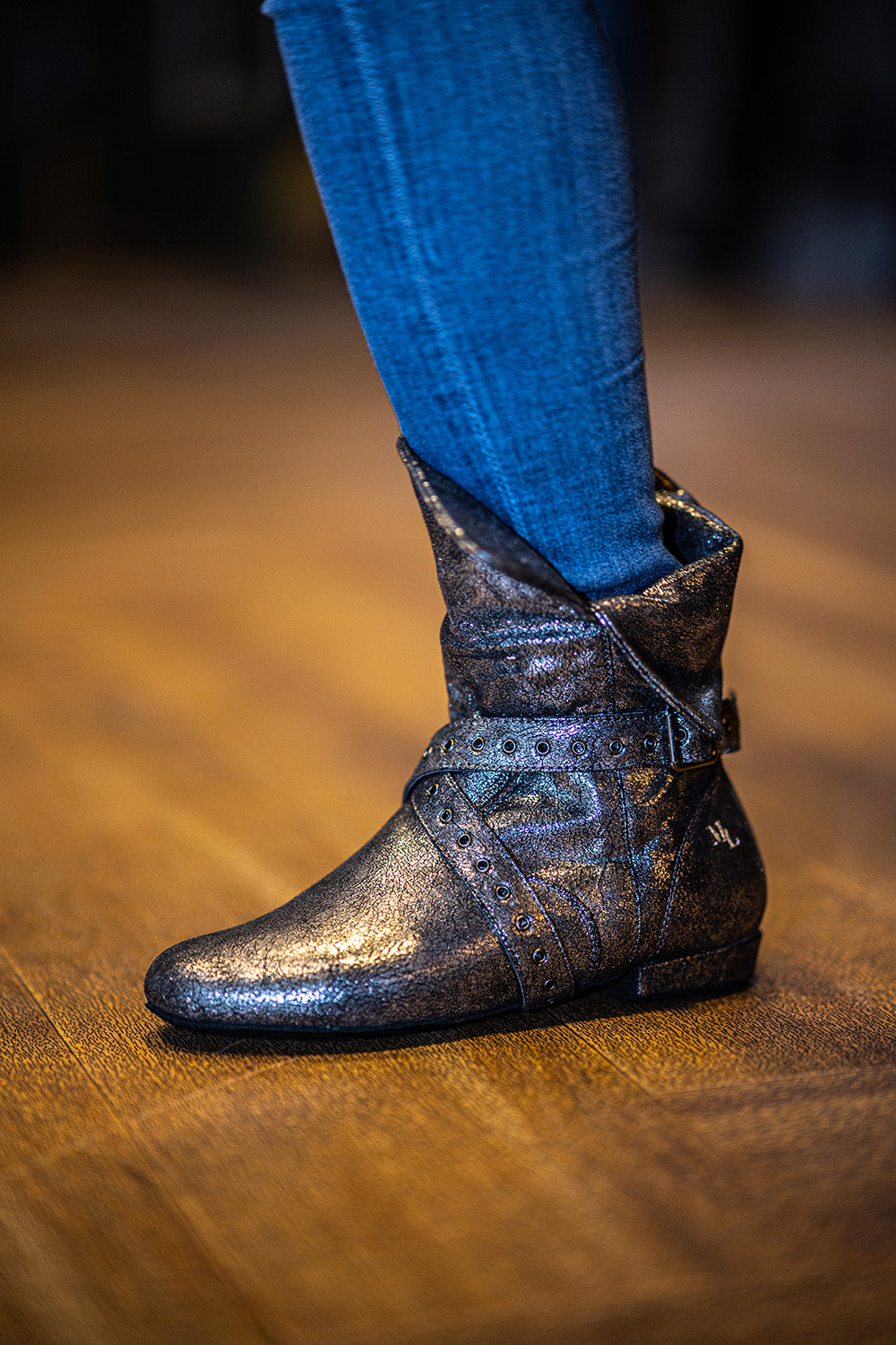 Tinker Bell Boot Silver on Black Micro Suede