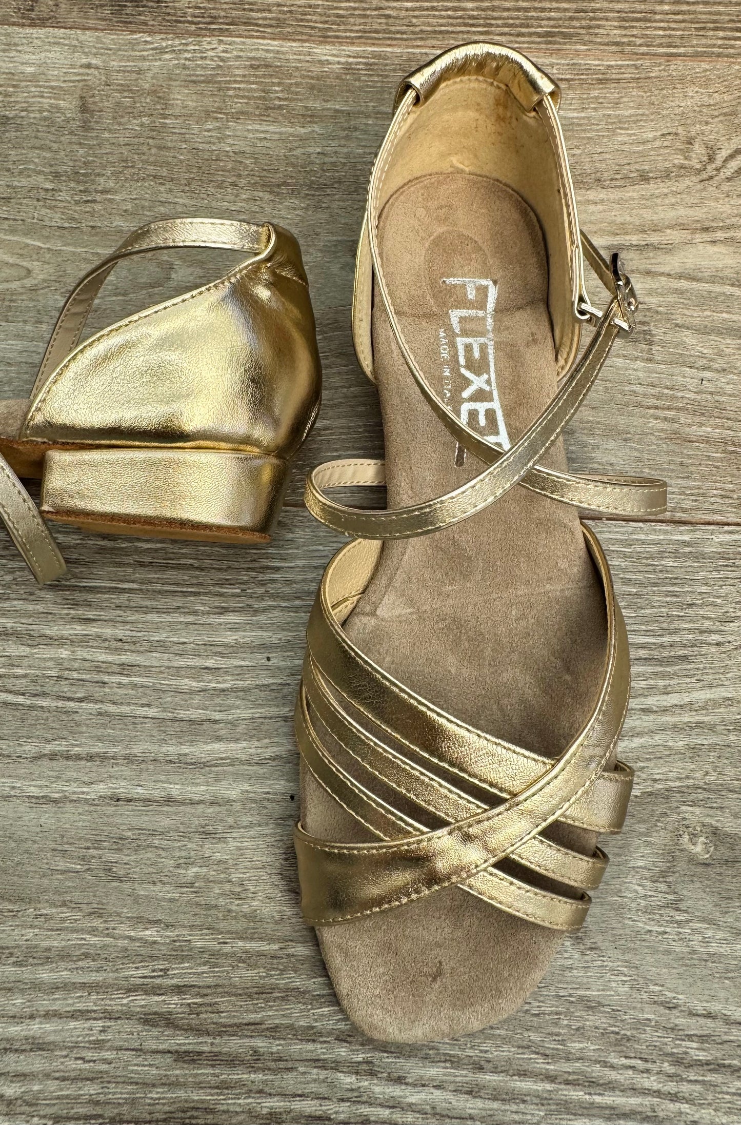 Sonjia Gold Metallic Leather Low Heel Dance Sandal