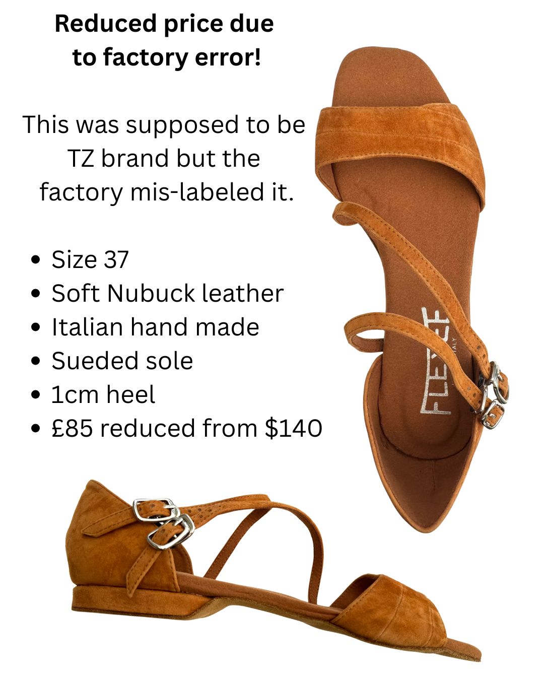 Cognac low 1cm heel double strap sandal (discounted for mislabel)